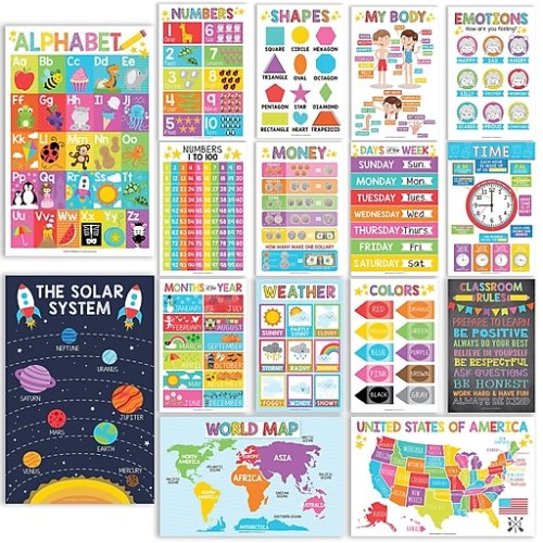 Hadley Designs 17" x 11" Colorful Preschool Educational Posters For Toddlers, Laminated, 16/Set (HDDX004ACAK4L)
