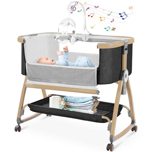 Bedside Bassinet,Bassinet Bedside Sleeper,Rocking Bassinet,3 in 1 Portable Bedside Crib with Mattress,Mobile,Mosquito Net,Storage Basket,6-Height Adjustable Bassinet with Wheels for Newborn,Deep Grey