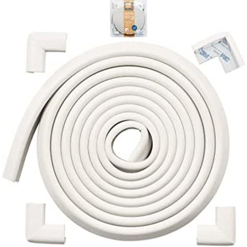 Roving Cove Baby Proofing Corner Guards Edge Protectors (15ft Edge + 4 Corners), Fireplace and Table Bumper, Heavy-Duty, Soft NBR Rubber Foam, 3M Pre-Taped Corners, Oyster White