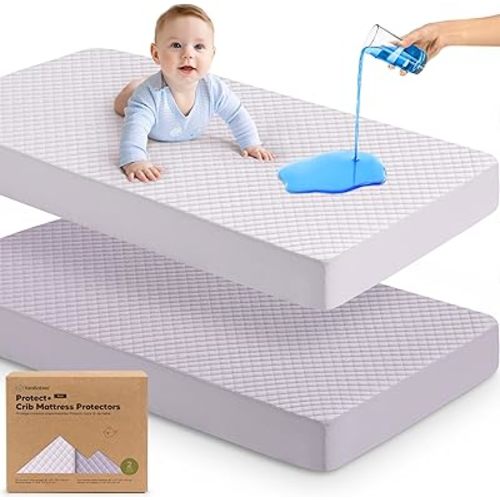 2-Pack Waterproof Crib Mattress Protector Cover Fitted - Quiet Baby Crib Mattress Pad Sheets, 52" x 28" Soft Quilted Cotton Baby Sheet, Machine Washable, Easy Fit, Durable (Thistle/Quin)