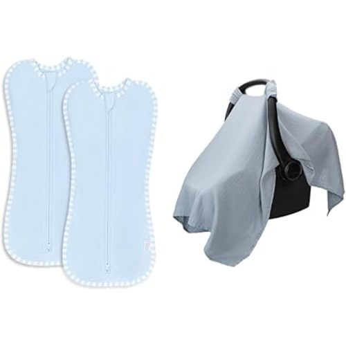 Comfy Cubs Swaddle Blanket Baby Girl Boy Easy Zipper Wrap 2 Pack and Muslin Cotton Baby Car Seat Cover Bundled