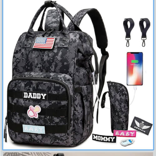 Camo Diaper Bag Backpack for Dad and Mom with USB Charging Port Stroller Straps and Insulated Pocket,army military Travel Nappy Backpack (DADDY and MOMMY patches)