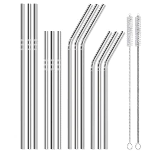 12 Pack of Reusable Stainless Steel Metal Straws, 3 Straight + 3 Bent 10.5 Inch and 3 Straight + 3 Bent 8.5 Inch Metal Straws with 2 Cleaning Brushes for 20 24 30 oz Tumbler Dishwasher Safef