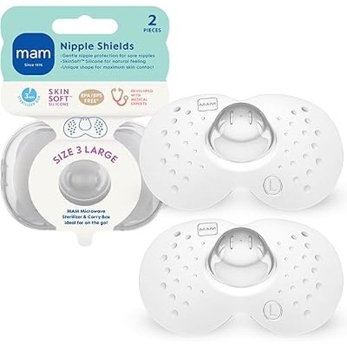 MAM Nipple Shields for Breastfeeding Large 23mm – Ultra Thin Silicone Shield for Latch Assist, Protects Sore or Flat Nipples, SkinSoft Surface, Sterilizing Case Included, BPA Free (2 Pack)