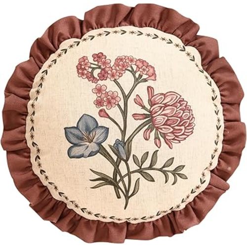 ISAENNE Design Linen Vintage Throw Pillow Covers Diameter 16", Round Cushion Covers with Blue Pink Flowers Green Leaves Pattern Decoration Pillowcases for Bed,Living Room,Outdoor,Car