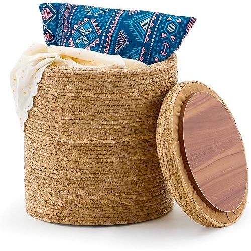 Round Storage Pouf Ottoman Hand Weaving Natural Boho Straw Footstool Pouffe