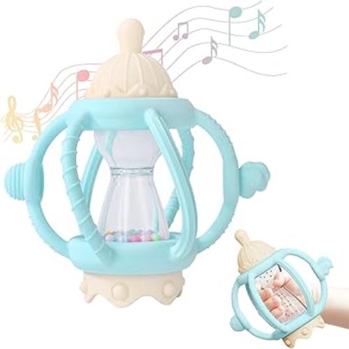 Socub Baby Rattle Teether Toys for 0-12 Months, 2-in-1 Sensory Hand Grasp Shaker with Soft Silicone Teething Ball & Pacifier, BPA Free Chew Toy for 6-12 Months, Newborn Gift for Boys and Girls (Blue)