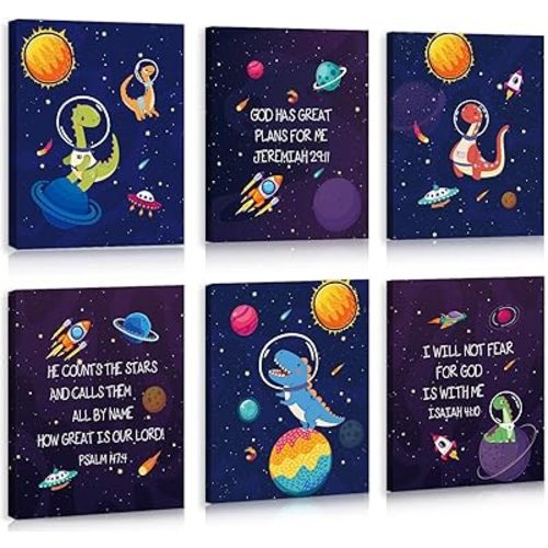 HPNIUB Outer Space Decor for Boys Room, Set Of 6 Piece (8x10inch,Framed) Dinosaur Wall Art Decor for Teen Boy Bedroom Nursery Toddler Boys Room, Inspirational Space Bible Verse Posters