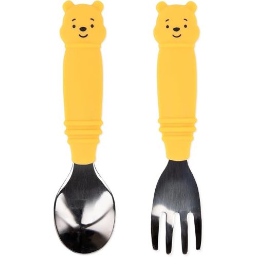 Bumkins Disney Toddler Utensils, Kids Size Fork and Spoon Set, Silicone and Stainless-Steel Training Silverware, Fork/Spork, 18 Mos Up, Winnie the Pooh