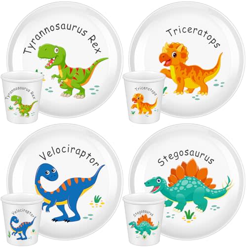 4 Set Kids Dinosaur Plates with Cups Dinnerware Set for Toddler | Creatively Drop Resistant Cute Plastic Dishes Dishwasher Safe, Boys Girls, Funny, Cute Themed Tableware for Home Kitchen