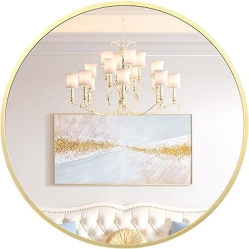 24 in Round Mirror for Wall, Gold Metal Frame Circle Mirror, Round Bathroom Mirror for Wall Decor, Mirror for Entryway, Vanity, Bedroom, Easy to Install