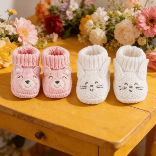 Newborn Knit Booties Soft Baby Sock Boots for Infant Boys Girls First Walkers 2 Pairs, 0-3 Months