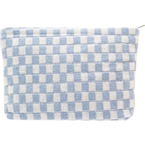 PAZIMIIK Knit Checkered Makeup Bag Large Zipper Make Up Accessory Pouch for Purse Cosmetic Brush Bag for Travel Essential,Blue