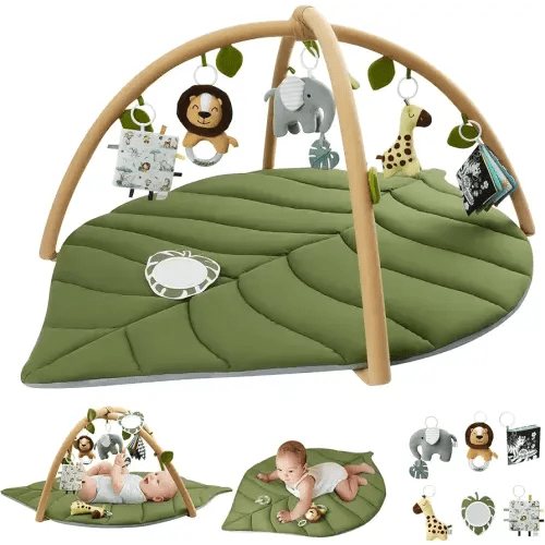 Blissful Diary Baby Play Gym & Activity Mat, Oversize Leaf Shaped Baby Play Mat w 6 Detachable Toys, Tummy Time Mat Promote Motor Skills & Sensory Development Mat, Newborn Infant Baby Essentials Gift