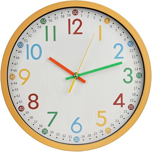 Kids Wall Clock Silent Non-Ticking Colorful Childrens Clock Round Decorative Wall Clocks for Classroom, School, Office, Bedroom, Living Room, Kitchen (Birch, 12 inch)
