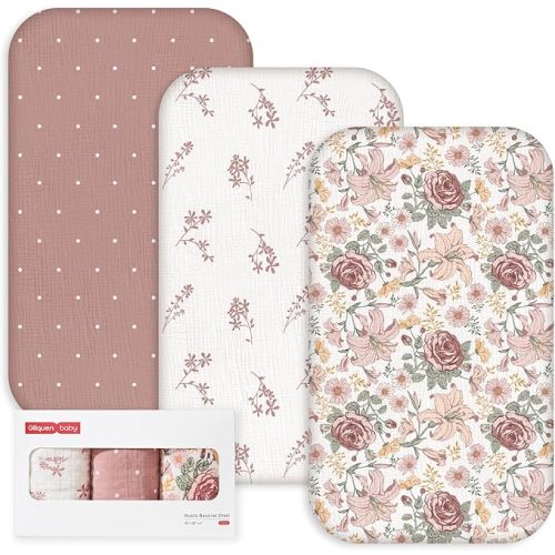 Gllquen Baby 3-Pack Muslin Cotton Bassinet Sheets, 33"x20" Bedside Sleeper | Compatible with Baby Delight, Newton, Dream on Me Rectangle Bassinet Mattress,Oeko-TEX Fitted Crib Sheets Vintage Flower Girl