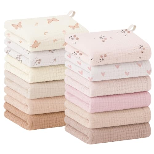 Bearmoss 12 Pack Baby Muslin Washcloths, 100% Cotton 10"x10" Face Towels | Soft Absorbent Bath Wash Cloths and Burp Cloths for Newborn Infants Kids Girls & Boys (Pink Brown)