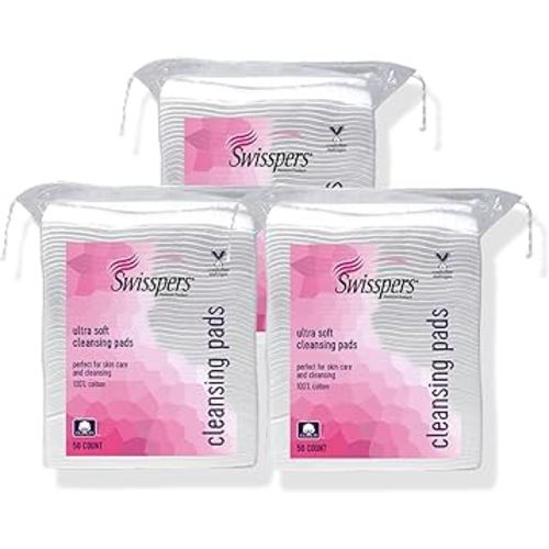 Swisspers Premium Facial Cleansing Pad, 100% Cotton, Ultra Soft, Extra Large, 50 White Pads per Reclosable Bag, 3 Bags (150 Pads Total)