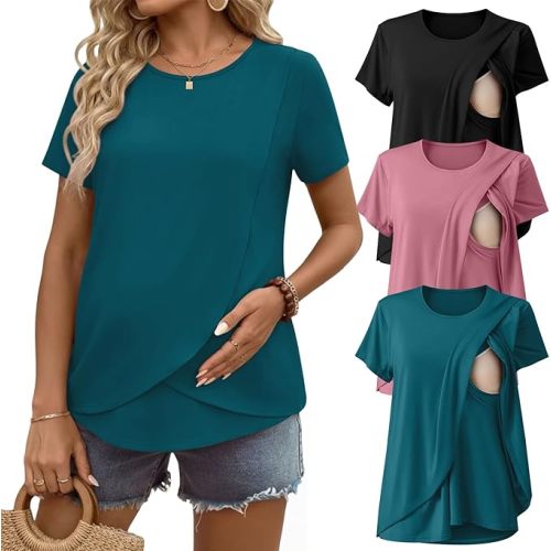 Ekouaer Nursing Shirts 3 Packs Short Sleeve Breastfeeding Tops Summer Maternity T Shirts Postpartum Double Layer Clothes