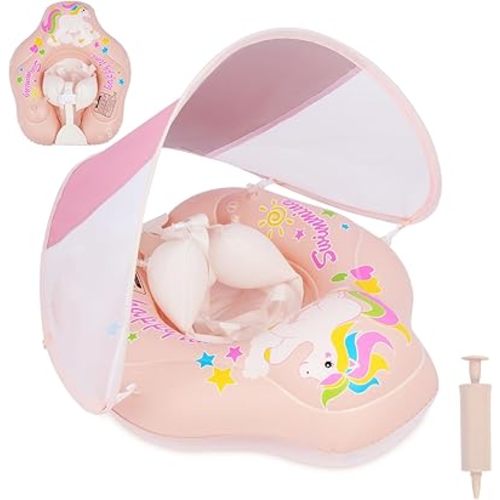 Baby Pool Float with Canopy UPF50+ Protection, Inflatable Kids Pool Floats with Anti-flip Design for Baby 3-36 Months,Infant Swimming Float with Adjustable Safety Seat for Toddler