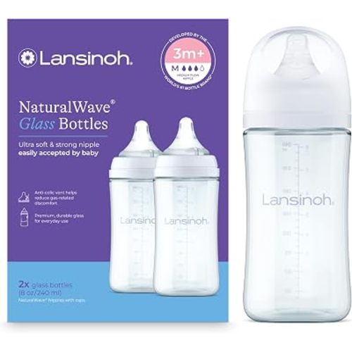 Lansinoh Glass Baby Bottles, Anti-Colic, White, 8oz, 2 Count, with Medium Flow Nipples (Size M, 3-6 Months), Baby Feeding Essentials