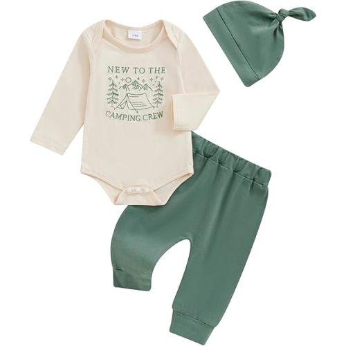 Newborn Baby Fall Clothes New To The Camping Crew Outfit Long Sleeve Romper Pants Set Infant Boy Girl 3pcs
