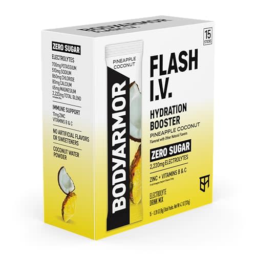 BODYARMOR Flash IV Zero Sugar Electrolyte Mix, Pineapple Coconut, 15 Ct | Sugar-free Electrolyte Powder Hydration Packets, Coconut Water Drink Mix Packet, 2,290mg Electrolytes, Zinc & Vitamins B + C