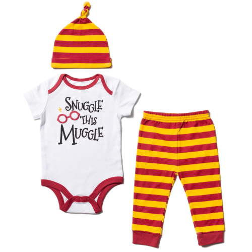 Harry Potter Newborn Baby Boys 3 Piece Outfit Set: Cuddly Bodysuit Pants Hat White / multicolor 6-9 Months