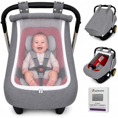 Breathable Muslin Mesh Baby Car Seat Canopy - Premium Oxford Cloth Hanging Ears with Adjustable Snaps, Full-Seal Protection, 3 Ventilation Modes, Easy Zipper Access
