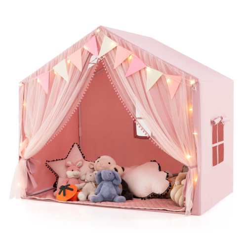 Baby Joy Costway Indoor Washable Teepee Tent with Star Lights & Colorful Flags - Pink