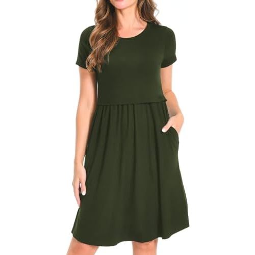 Bearsland Women's Short Sleeves Maternity Dress Nursing Breastfeeding Dresses with Pockets