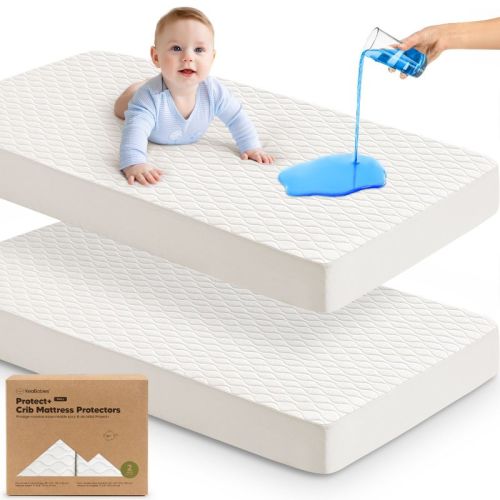 2-Pack Protect+ Waterproof Crib Mattress Protector Covers, Mavy Quilted Cotton Baby Mattress Topper, Toddler Crib Sheets