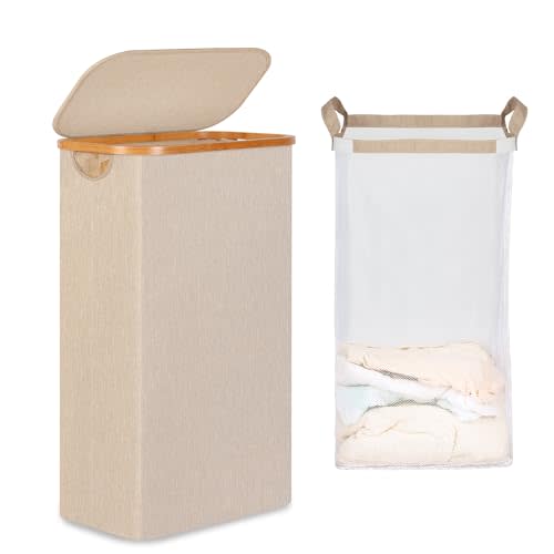 iEGrow 65L Slim Laundry Hamper, Narrow Laundry Basket with Lid,Foldable Clothes Hamper with Bamboo Handles,Hamper Basket with Removable Inner Bag for Laundry Room Bedroom College Dorm,Oatmeal