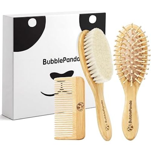 BubblePanda Baby Hair Brush and Comb Set – Ultra Soft Goat Hair Bristles, Natural Bamboo Baby Brush for Cradle Cap, Gentle Grooming Kit, Baby Registry Gift, for Newborns & Toddlers