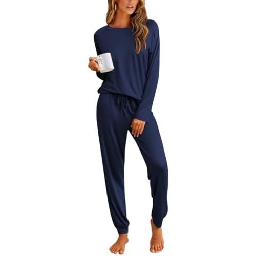 Ekouaer Pajamas Womens Long Sleeve Pj Set 2 Piece Loungewear Soft Comfy Sleepwear with Jogger Pants S-XXL