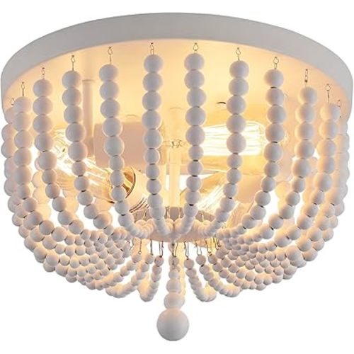 Q&S White Boho Beaded Chandeliers Flush Mount Ceiling Light,3-Lights Small Chandelier Light Fixture for Bedroom,Kitchen,Dining Room,Living Room,Stairway Gazebo