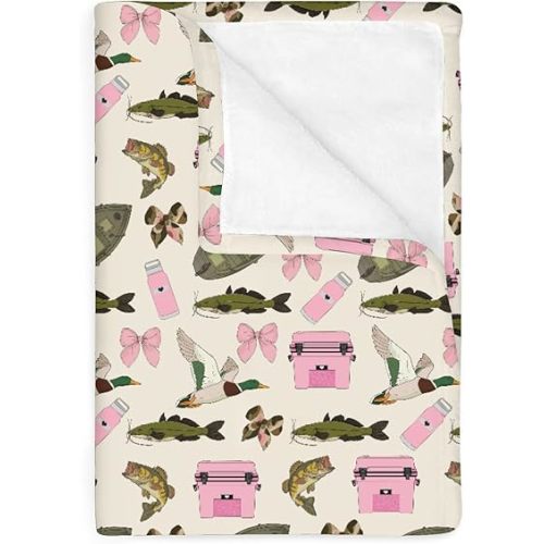 Pink Fishing Hunting Girly Baby Blankets for Girl Boats Bass Fish Duck Bows Soft Flannel Swaddle Blankets for Infant Toddler Crib Summer Lake Country Fishing Nursery Bed Blanket Playmat 30x40inch
