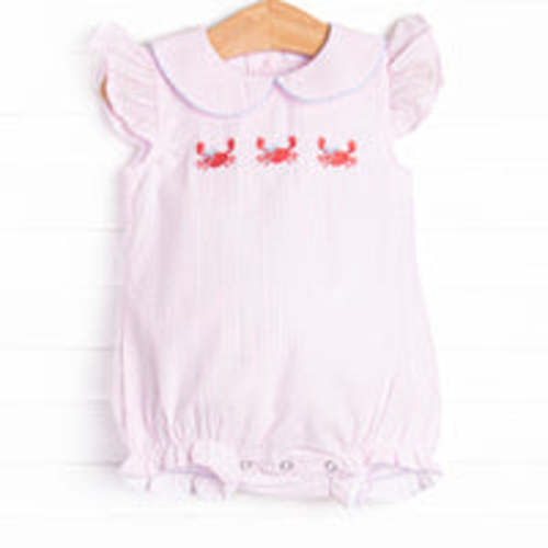 Crab Walk Cutie Embroidered Bubble, Pink Seersucker – Stitchy Fish