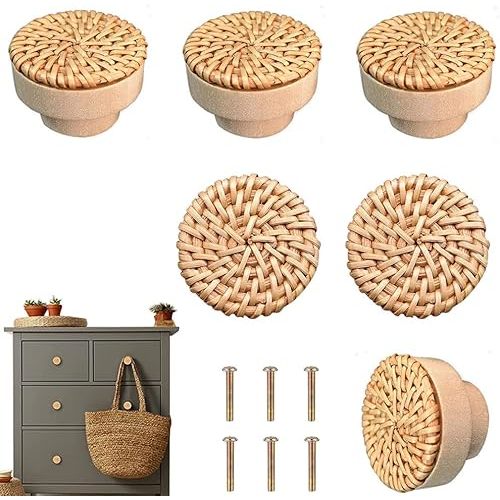 Boho Rattan Dresser Knobs for Girls Kitchen Cabinet knobs and pulls Wicker Woven Decorative Dresser Handles Round Wooden Knobs for Cabinets and Drawers 6 Pcs (Natural Colours)