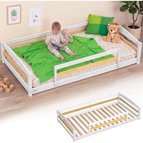 Twin Floor Bed with Safety Guardrails, 2 Openings and 14 supportive slats