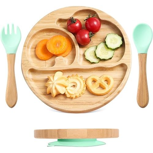 let's make Suction Plates for Baby & Toddler, Bamboo Divided Platter Feeding Dishes with Silicone Fork& Spoon, All-Natural Baby Food Plate Stays for Baby-Led Weaning, Non-Slip Design