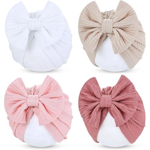 Cinaci 4 Pieces Baby Girls Turban Hats with Bow Newborn Hospital Caps Bonnets Beanies Headwraps for Infants Toddlers