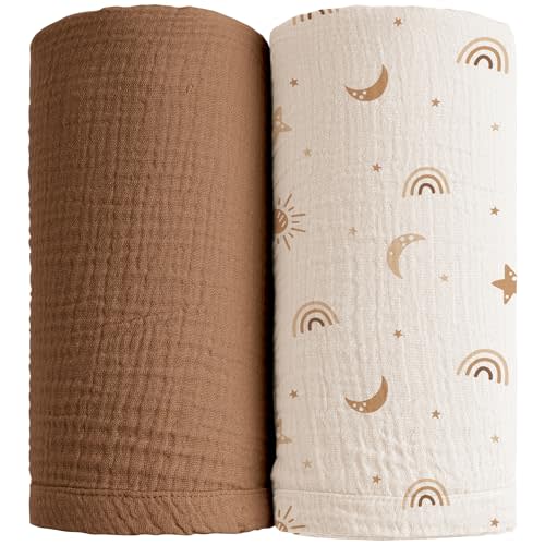 Konssy Muslin Swaddle Blankets for Girls Boys, 2 Pack Receiving Baby Blanket Large 47 x 47 inches, Soft Breathable Swaddling Wrap for Unisex Newborn (Sunbeam Yellow,Coffice)
