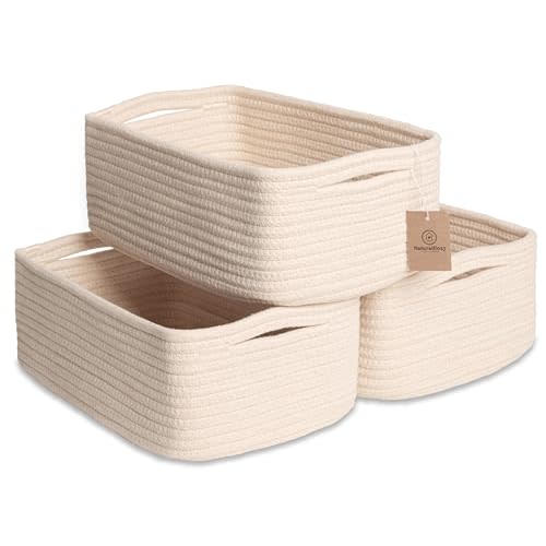 NaturalCozy 11.8"x8"x4.5” Storage Baskets for Shelves 3 Pack | Cotton Rope Woven Small Baskets for Organizing | Small Storage Bins for Nursery, Bathroom, Closet, Cube Shelf, Decorative, Gift Basket