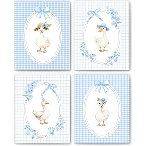 FITIE Blue and White Checkered Goose Duck Nursery Wall Art Posters Set of 4, Goose Nursery Kids Room Decor, Coquette Blue Bow Floral Duck Canvas Prints Artwork Wall Decor, 8x10 Unframed
