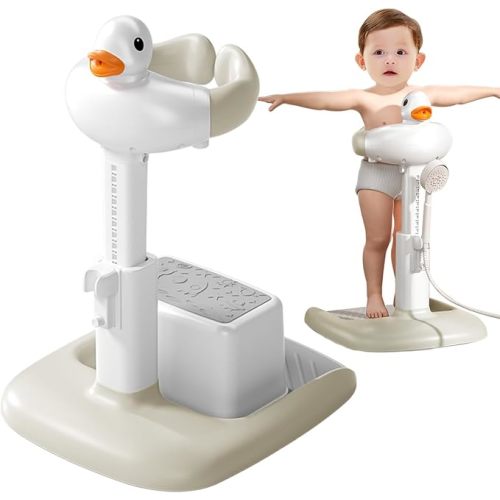 Adjustable Height Baby Shower Stand with Anti-Slip Base,Bath Shower Standing Support Stand,Portable Bath Helper Baby,Free Mother Hands (Khaki)