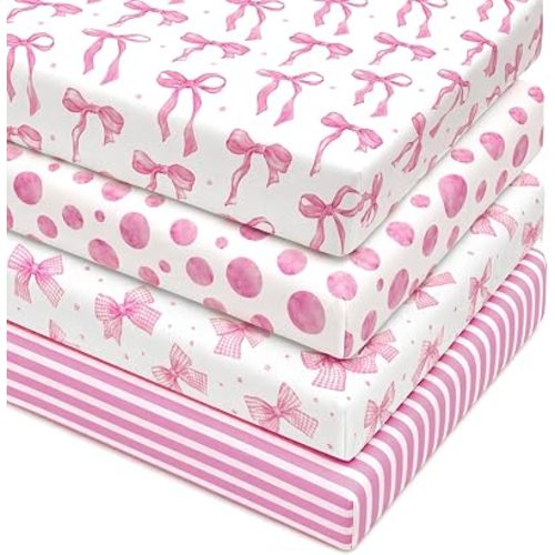 4 Pack Pink Bow Crib Sheets Girls - Fits Standard 52"x28"x8" Crib & Toddler Mattress, Soft Breathable Polyester Baby Nursery Bedding, Coquette Bow Polka Dot Stripe Printed Fitted Sheets for Girls