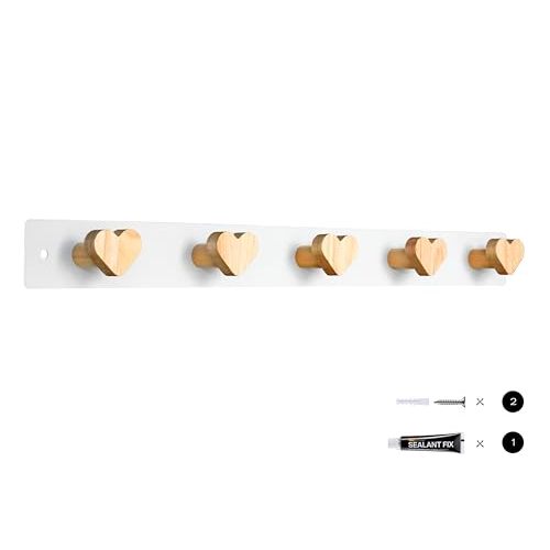 Kids Coat Rack Wall Mount with 5 Hooks, Natural Beech Wood and White Metal Wall Mounted Backpack Hanger, Kids Coat Hangers for Wall for Towels, Bags, Hats - Heart Shape (1-Pack)