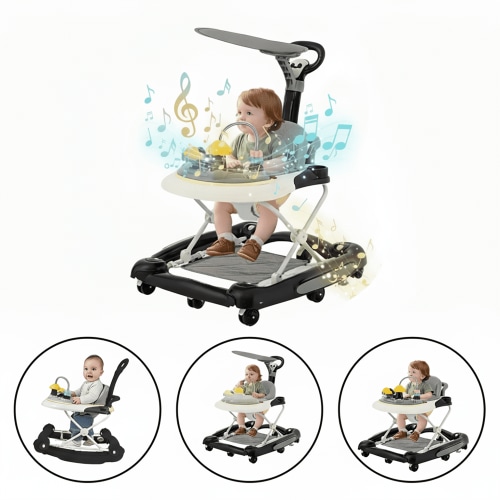 HDUTNGISN 5-in-1 Black Adjustable Baby Walker with Wheels for Boys & Girls