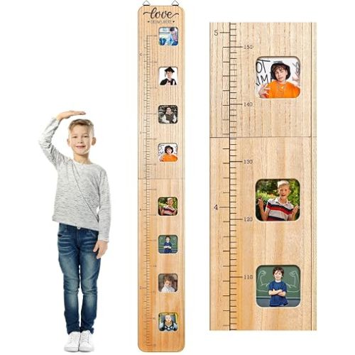 Wooden Growth Chart for Kids with Picture Frames Height Growth Chart for Wall Foldable Height Measurement Ruler for Boy Girl Teen Bedroom Playroom Nursery Child's Room Wall Decoration